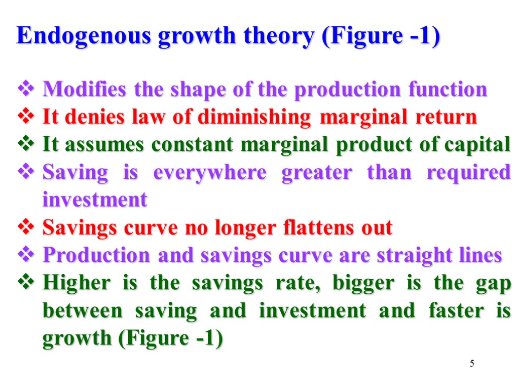 5 Endogenous growth theory (Figure -1) Modifies the shape of the production function It